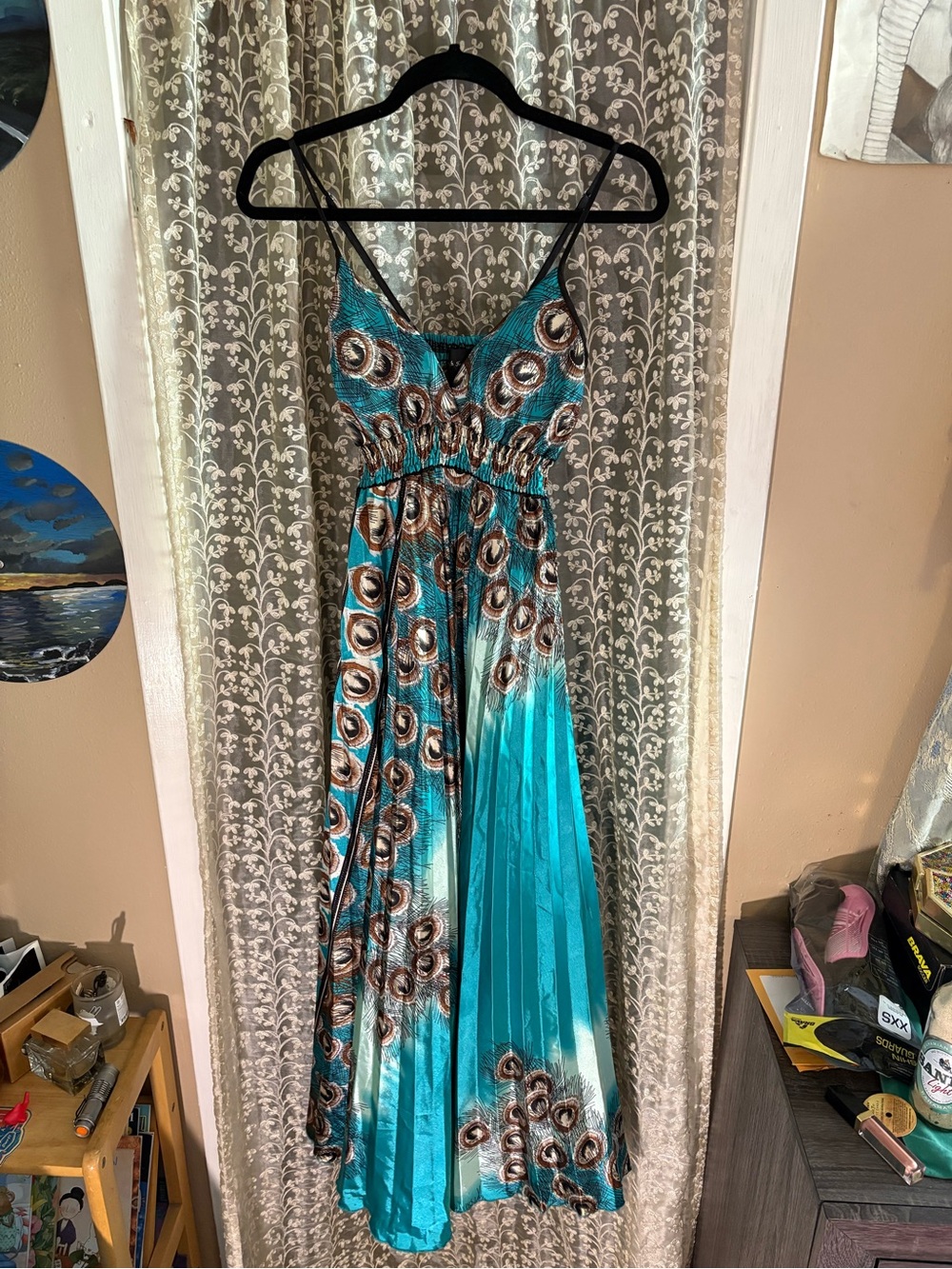 Turquoise Peacock-Print Spaghetti Strap Maxi Dress
